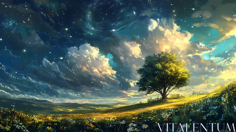 Lone tree under a swirling sky of stars and golden clouds.