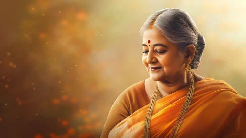 Elderly Indian woman in traditional saree, warm soft light portrait.