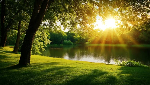 Sunburst over whispering lakeside meadow of quiet light.
