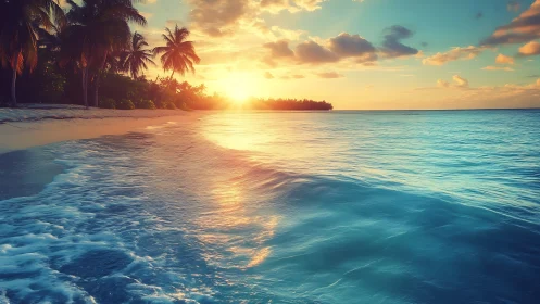 Tropical shoreline at sunset with calm waves and palms.