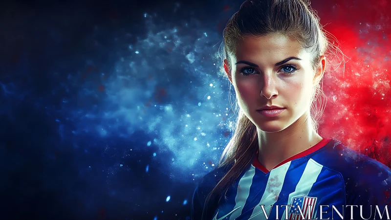 Intense soccer portrait amid cosmic red and blue clouds.