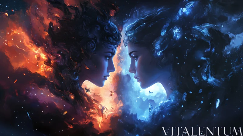 Dual elemental goddesses confront in cosmic fire and ice realm