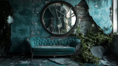 Decayed teal salon with shattered mirror and invasive foliage.