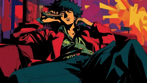 Relaxed gunman reclines in neon-lit interior with bold contrast