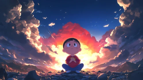 Small stargazer boy cradles dusk beneath erupting clouds.