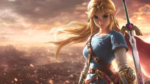 Armored elf warrior stands before distant city at sunset