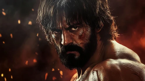 Smoldering warrior glares through sparks and simmering shadows