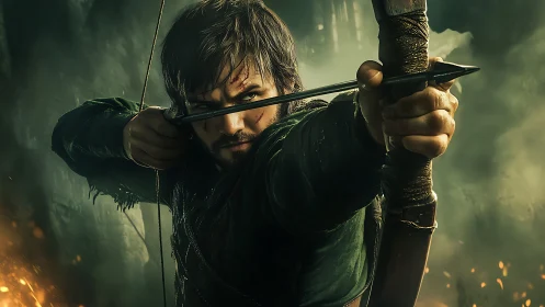 Brooding archer draws taut bow in emberlit forest haze.
