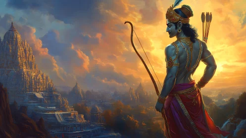 Heroic archer overlooks luminous temple city at sunset
