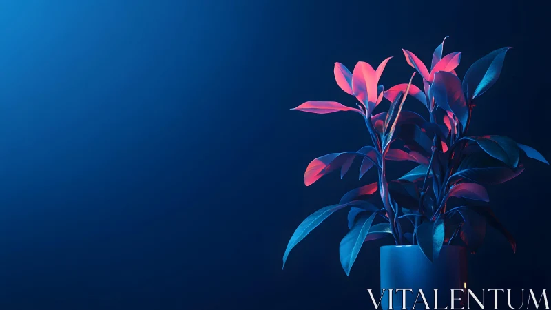 Potted plant with glossy leaves in dramatic blue and pink lighting.