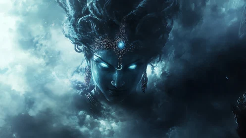 Mystical blue goddess face emerging from dense storm clouds.