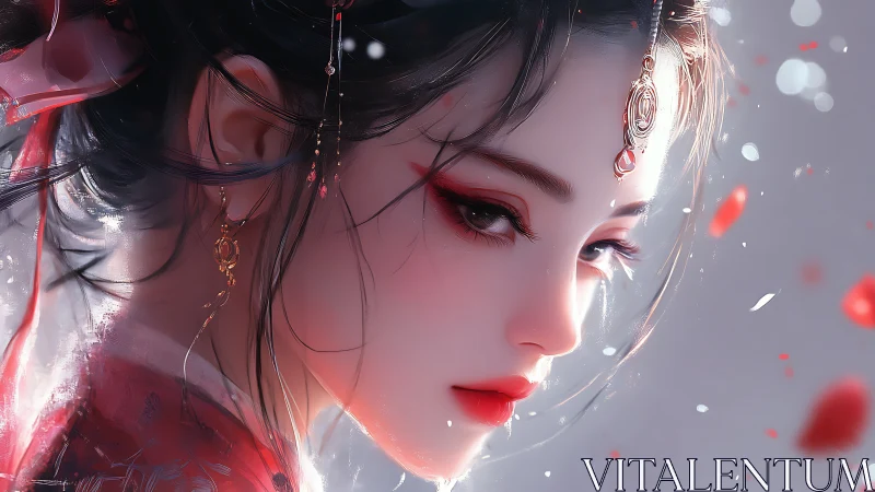 Side profile of stylized woman in red attire with ornaments.