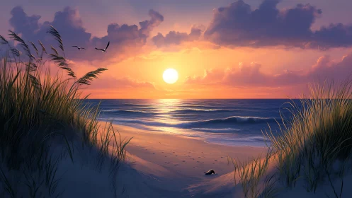 Sunset over quiet sandy beach framed by tall dune grass.