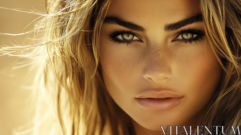 Photorealistic beauty portrait with sunlit close-up detailing.