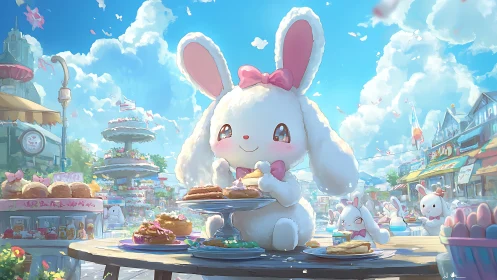 Fluffy bunny mascot enjoys pastry feast at sunny fairground.