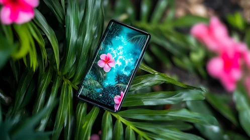 Smartphone Display Positioned Within Lush Tropical Flora and Pink Flowering Plants