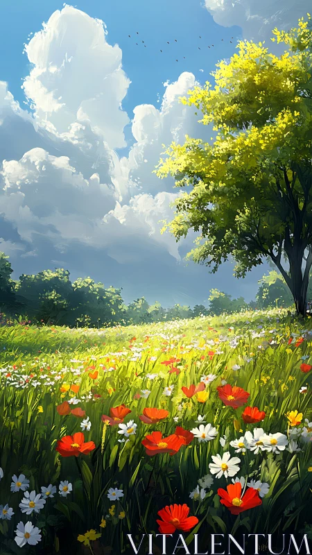 Sunlit wildflower meadow stretches beneath towering clouds