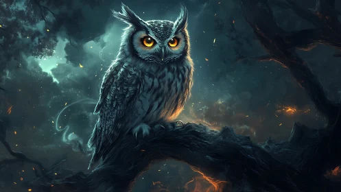 Digital owl illustration shows perched bird amid dark forest