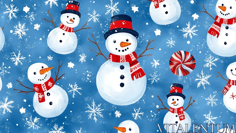 Snowman pattern on blue winter background with snowflakes.