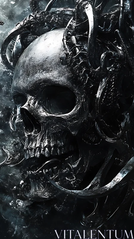 Metallic human skull with biomechanical cables and forms.