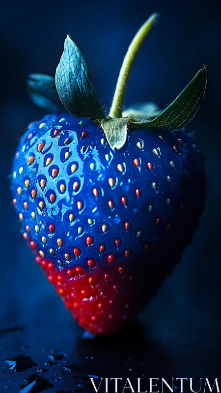 Blue red strawberry macro against dark moody background.