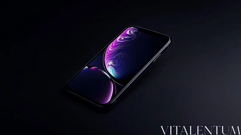 Modern smartphone with abstract neon display on black surface.