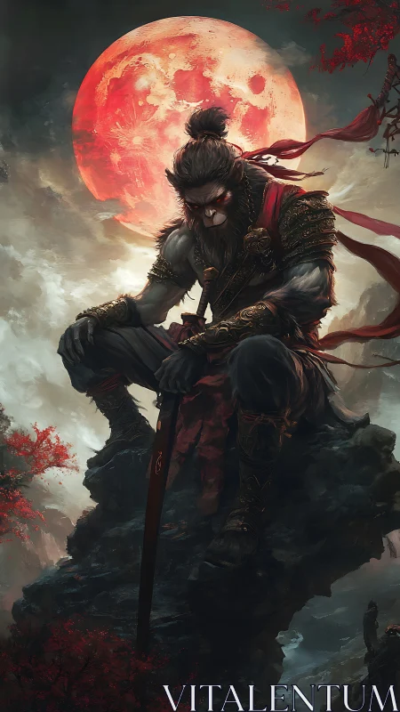 Mythic warrior monkey broods beneath a blood-red moon