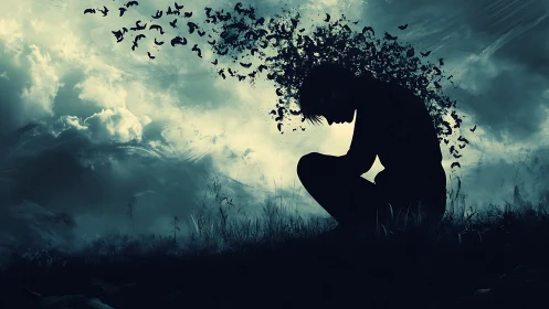 Solitary silhouette dissolving into birds under storm clouds.