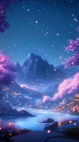 Starlit cherry blossom valley by a tranquil moonlit river.