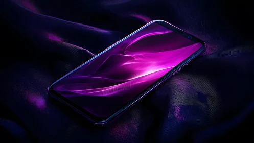 Sleek Smartphone on Silk with Vibrant Purple Neon Light Effect.