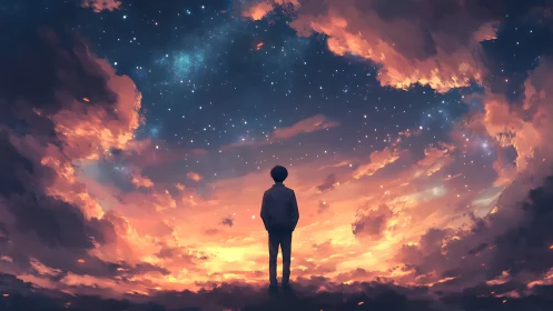Solitary figure under starfield and illuminated clouds.
