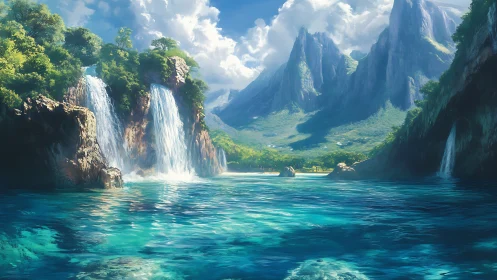 Mountain lagoon with waterfalls and clear turquoise water.