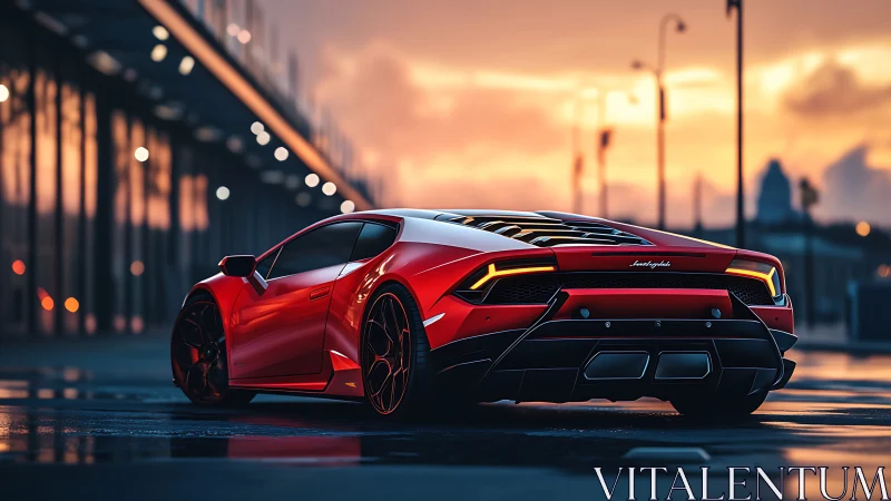 Sleek red supercar glowing softly in a golden city sunset.