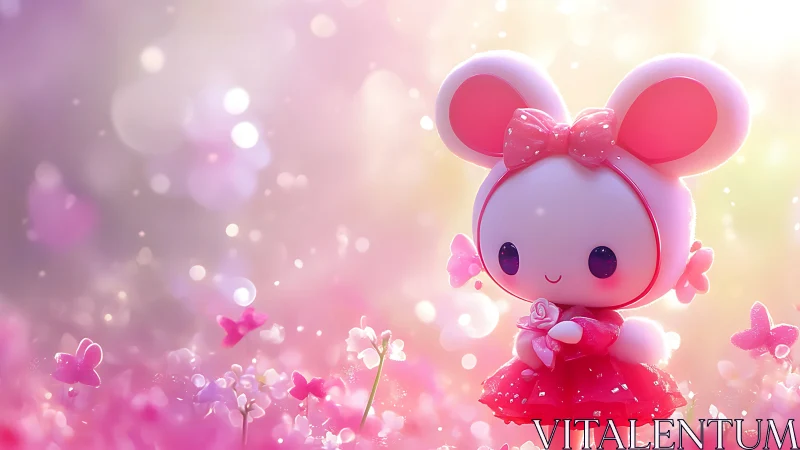 Pink rabbit character in stylized flower field environment.