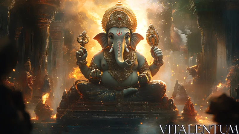 Celestial Ganesha sits enthroned amid swirling temple firelight