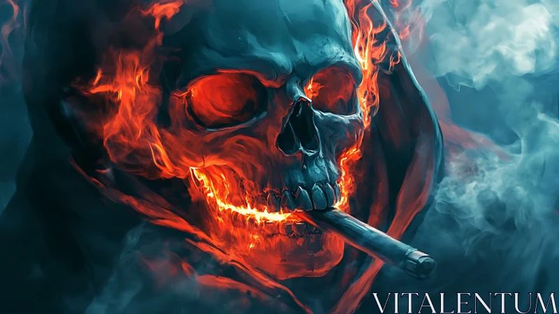 Fiery skull with burning hood and smoking cigar in mist