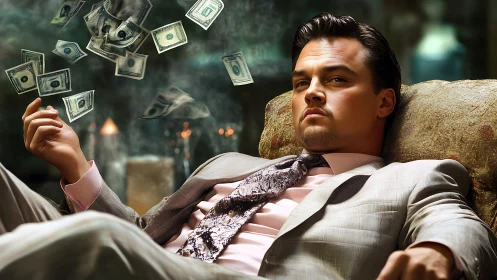 Confident man lounging as money drifts through the air.