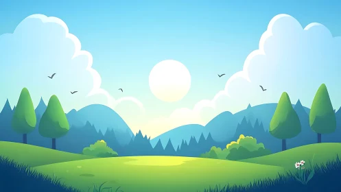 Minimalist stylized landscape with hills, trees, and sun.
