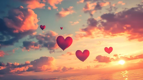 Red Hearts Float Through a Golden Sunset Sky
