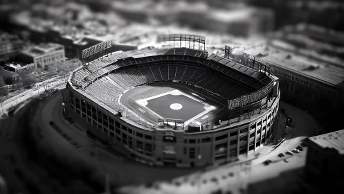 Miniature ballpark halo glows in soft monochrome hush