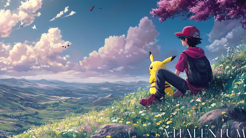 Anime trainer and Pikachu overlook vast spring valley.