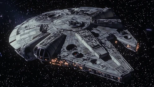 Beloved scrappy starship cruising confidently through space.