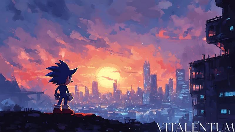 Silhouetted blue figure observing dense city sunset skyline.