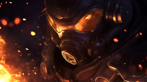 Armored soldier with burning visor stands in drifting sparks