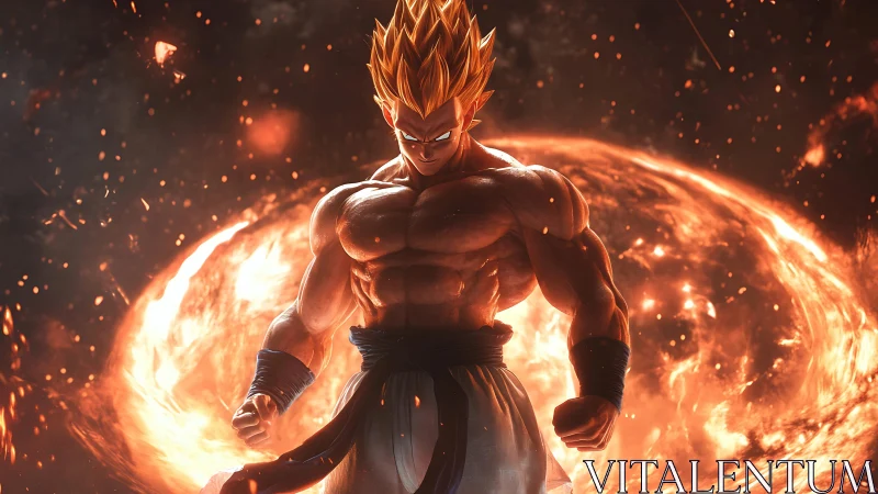 Explosive golden-haired warrior rendered in dramatic digital lighting