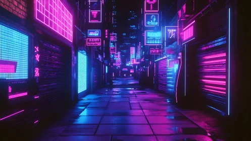 Neon alleyway vanishing into moody cyberpunk nightscape.