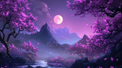 Lunar-illuminated sakura valley with atmospheric depth rendering.