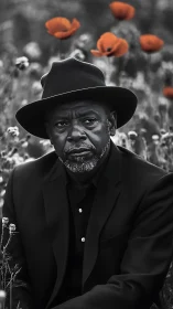 Monochrome field portrait isolates subject amid vivid poppies