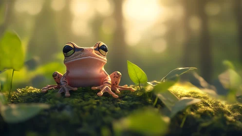 Tree frog on mossy forest floor in shallow depth of field.