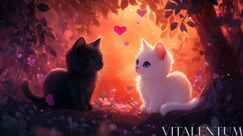 Two Cats Positioned in Illuminated Garden Environment